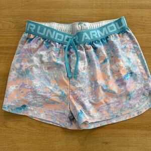 Under Armour Girls HeatGear Loose Shorts Blue Peach Marble Print Size Large YLG